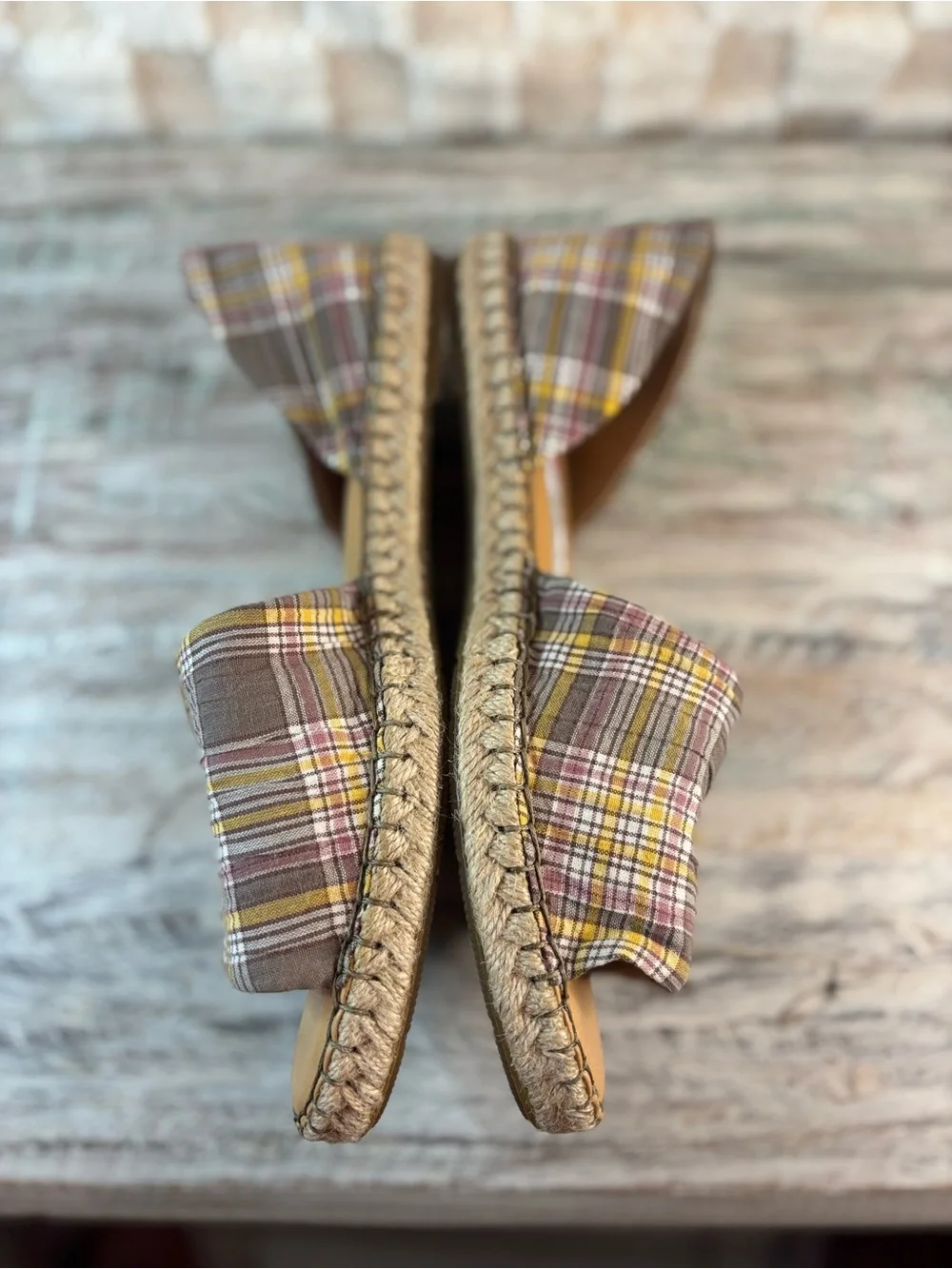 Born Seak Slip on Women’s Plaid Peep-Toe Espadrille Sandals - Yellow/Brown